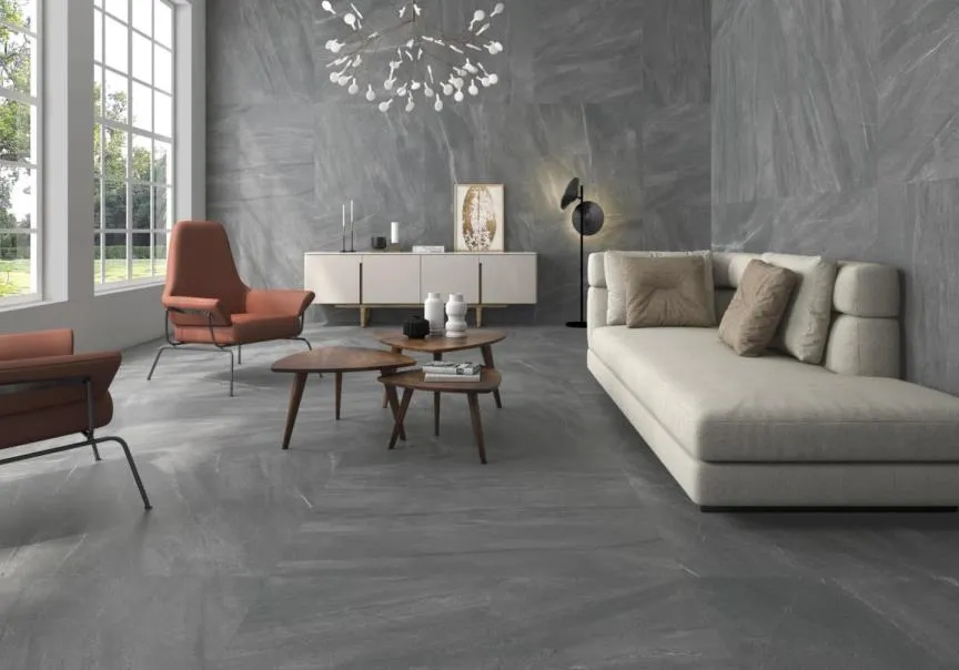 Espacio de la casa con azulejos efecto piedra en tonos neutros, colección Lavica de Geotiles