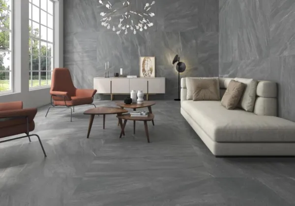Espacio de la casa con azulejos efecto piedra en tonos neutros, colección Lavica de Geotiles