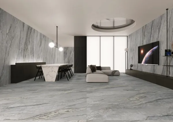 Espacio de la casa con azulejos efecto piedra en tonos neutros, colección Nova de Museum