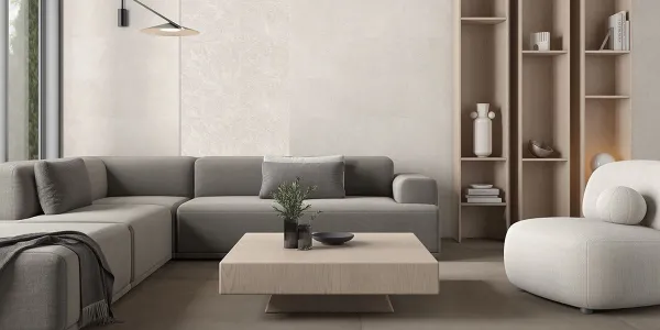 Espacio de la casa con azulejos efecto piedra, colección Olatua de TAU ceràmica