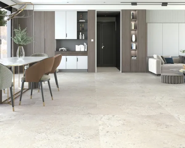 Espacio de la casa con azulejos efecto piedra en tonos neutros, colección Pietra viva de Dune