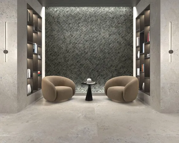 Espacio de la casa con azulejos efecto piedra en tonos neutros, colección Pietra viva de Dune