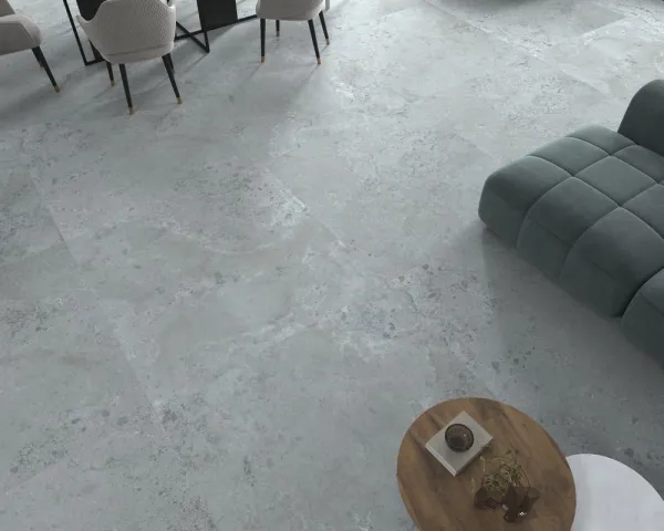Espacio de la casa con azulejos efecto piedra en tonos fríos, colección Pietra viva de Dune