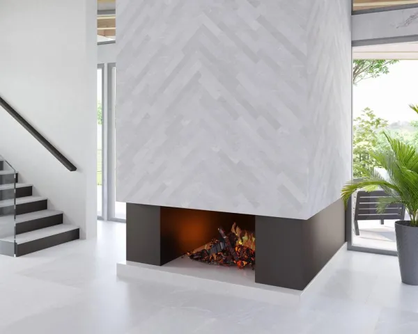 Espacio de la casa con azulejos efecto piedra en tonos neutros, colección Pietrasanta de Dune