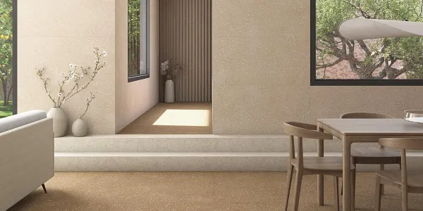 Espacio de la casa con azulejos efecto piedra en tonos cálidos, colección Portwall de TAU ceràmica