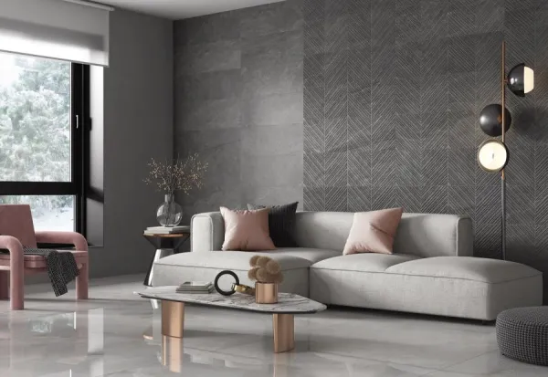 Espacio de la casa con azulejos efecto piedra en tonos neutros, colección Premiere de Colorker