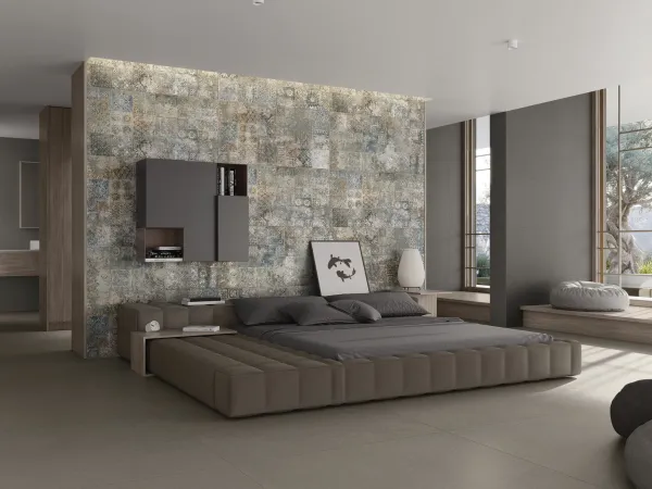 Espacio de la casa con azulejos efecto piedra en tonos neutros, colección Rift de Cifre