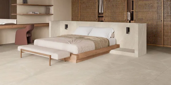 Espacio de la casa con azulejos efecto piedra en tonos cálidos, colección Riviere de Roca