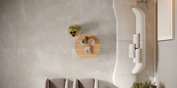 Espacio de la casa con azulejos efecto piedra, colección Riviere de Roca