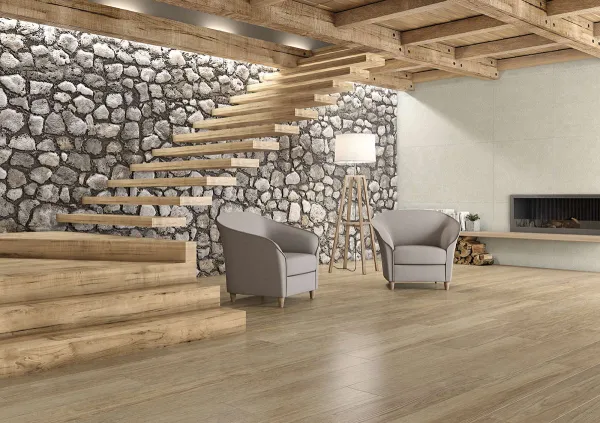 Espacio de la casa con azulejos efecto piedra en tonos cálidos, colección Roadstone de TAU ceràmica