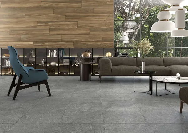 Espacio de la casa con azulejos efecto piedra en tonos neutros, colección Roadstone de TAU ceràmica