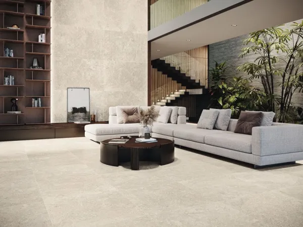 Espacio de la casa con azulejos efecto piedra, colección Stoneland de Baldocer