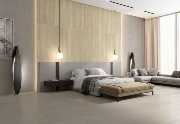 Espacio de la casa con azulejos efecto piedra en tonos cálidos, colección Sunset de Durstone