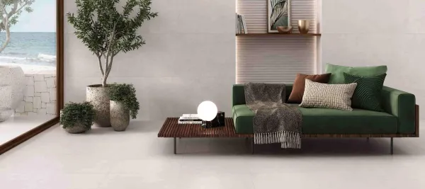 Espacio de la casa con azulejos efecto piedra en tonos neutros, colección Terraviva de Undefasa