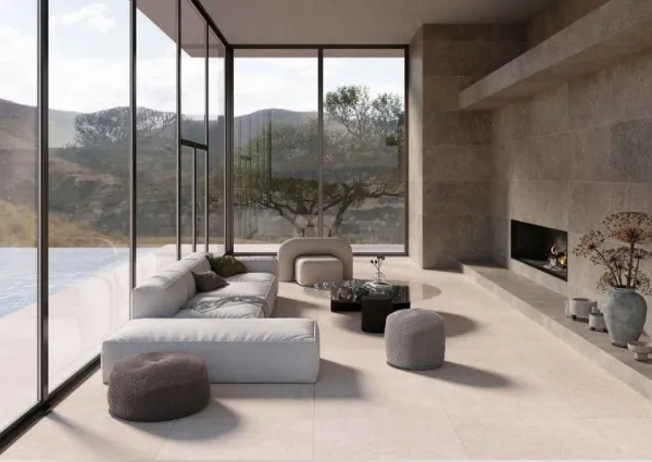 Espacio de la casa con azulejos efecto piedra, colección Tibet de Durstone