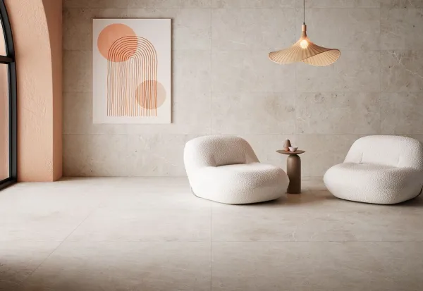 Espacio de la casa con azulejos efecto piedra en tonos cálidos, colección Unika de Navarti