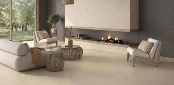 Espacio de la casa con azulejos efecto piedra en tonos cálidos, colección Vincen de Geotiles