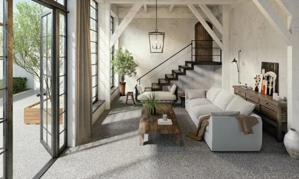 Espacio de la casa con azulejos efecto terrazo en tonos neutros, colección Fs road de Peronda