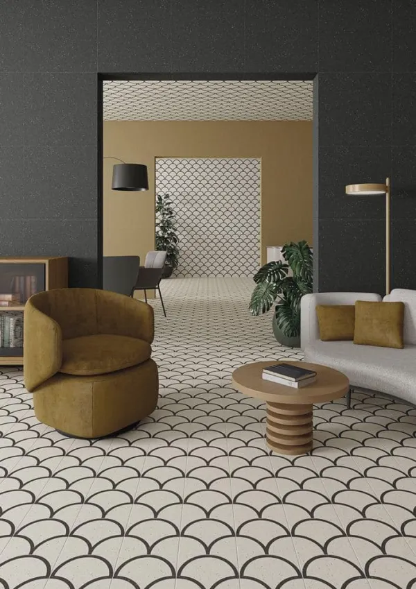 Espacio de la casa con azulejos efecto terrazo, colección Micra de Vives