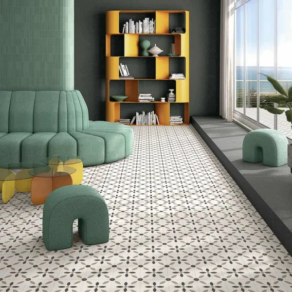 Espacio de la casa con azulejos efecto terrazo en tonos neutros, colección Micra de Vives