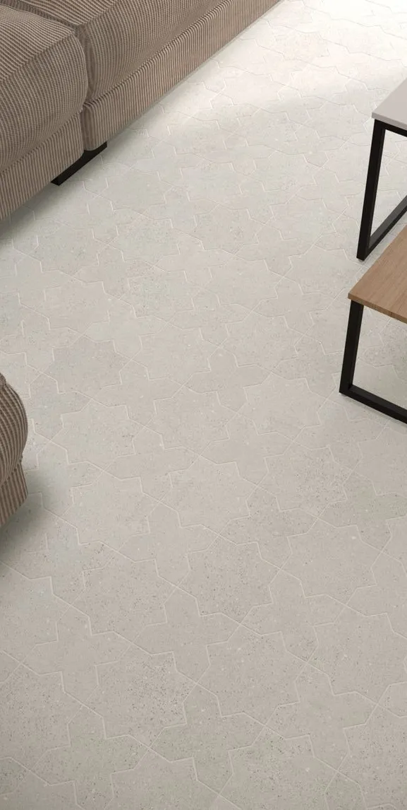 Espacio de la casa con azulejos efecto terrazo en tonos neutros, colección Terrazo de Mayolica