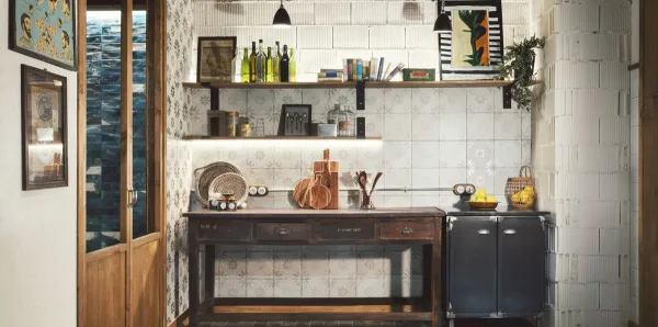 Cocina con azulejos efecto barro, colección Fs etna de Peronda