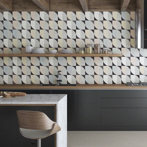 Cocina con azulejos efecto barro en tonos neutros, colección Rúbrica de Vives