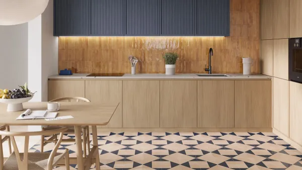 Cocina con azulejos efecto barro en tonos cálidos, colección Siena de Harmony