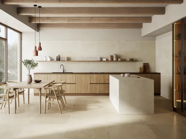 Cocina con azulejos efecto barro en tonos cálidos, colección Terramar de Durstone