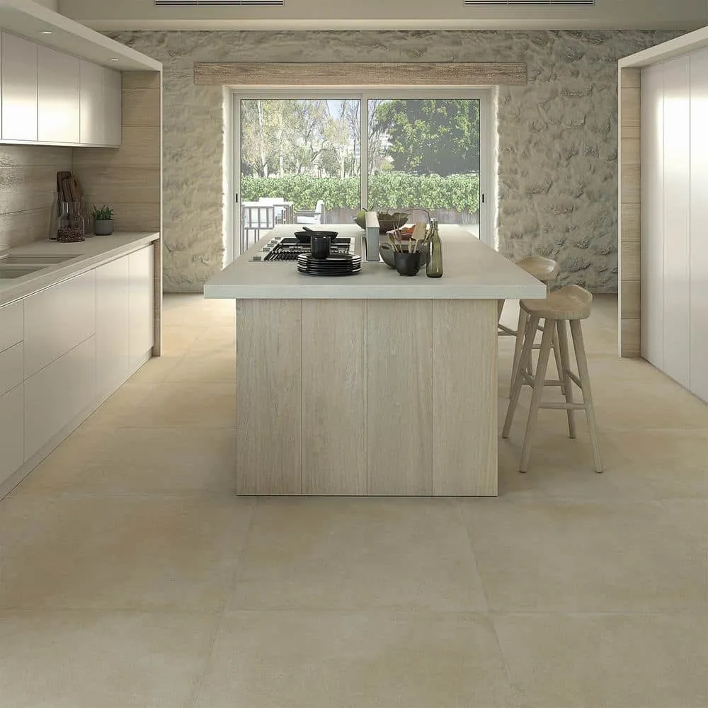 Cocina con azulejos efecto barro en tonos cálidos, colección Zero de Vives