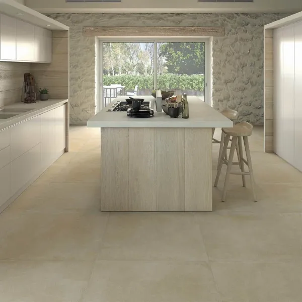 Cocina con azulejos efecto barro en tonos cálidos, colección Zero de Vives