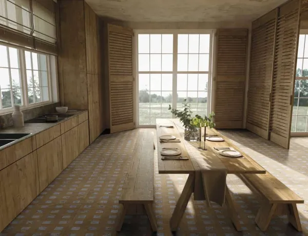 Cocina con azulejos efecto barro en tonos cálidos, colección Zest de Aparici