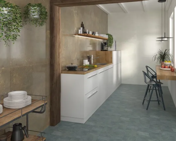 Cocina con azulejos efecto botánico, colección Magnet de Dune