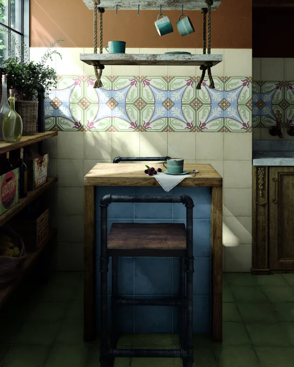 Cocina con azulejos efecto cemento en tonos fríos, colección Art nouveau de Equipe