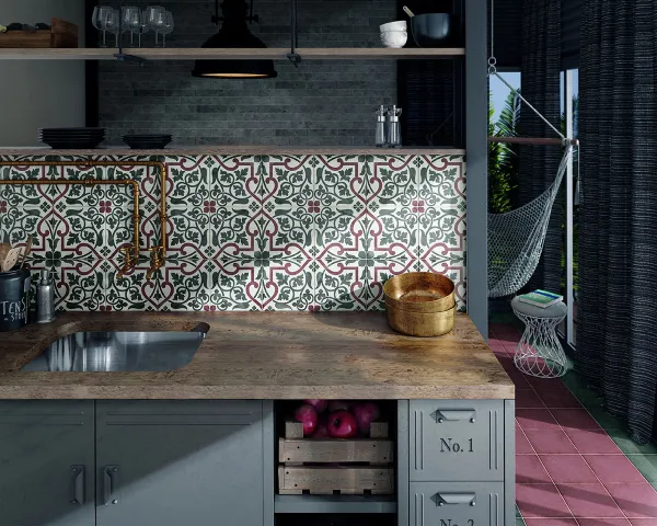 Cocina con azulejos efecto cemento en tonos fríos, colección Art nouveau de Equipe
