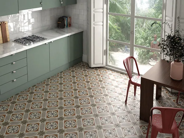 Cocina con azulejos efecto cemento, colección Art nouveau de Equipe