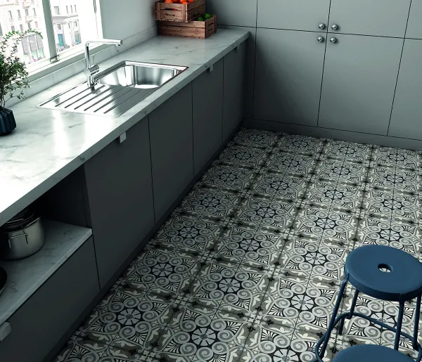 Cocina con azulejos efecto cemento en tonos fríos, colección Art nouveau de Equipe
