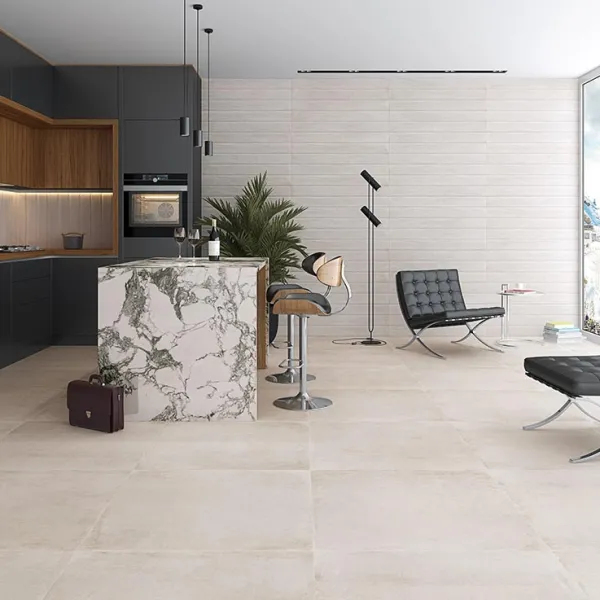 Cocina con azulejos efecto cemento, colección Chicago de Vives