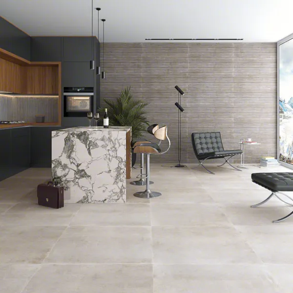 Cocina con azulejos efecto cemento en tonos neutros, colección Chicago de Vives