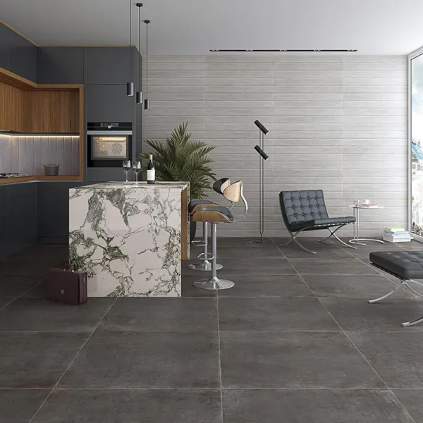 Cocina con azulejos efecto cemento en tonos neutros, colección Chicago de Vives