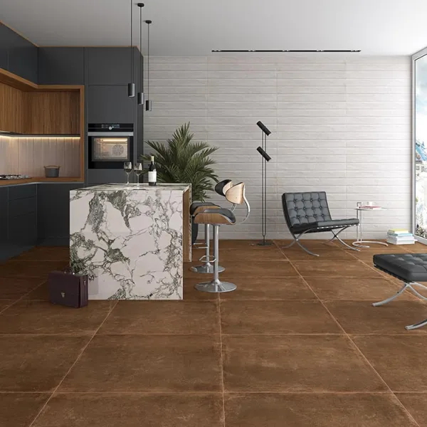 Cocina con azulejos efecto cemento en tonos cálidos, colección Chicago de Vives