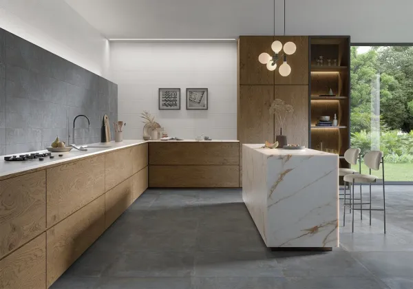 Cocina con azulejos efecto cemento, colección Chrome de Metropol