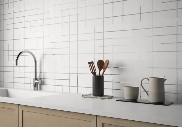 Cocina con azulejos efecto cemento en tonos neutros, colección Concrete - solid de Argenta
