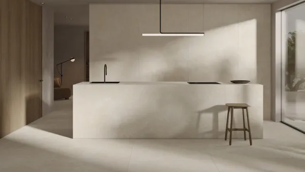 Cocina con azulejos efecto cemento en tonos cálidos, colección Essenza de Argenta