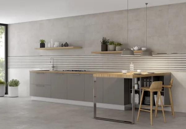 Cocina con azulejos efecto cemento en tonos neutros, colección Foster - meier de Argenta