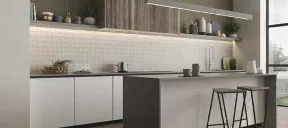 Cocina con azulejos efecto cemento en tonos neutros, colección Gravel de Argenta
