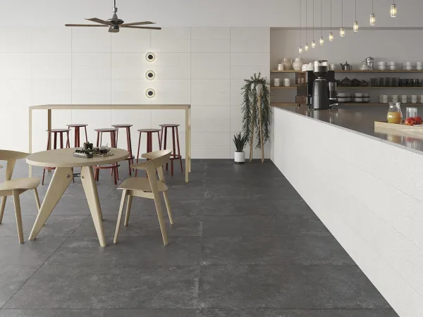 Cocina con azulejos efecto cemento en tonos neutros, colección Grunge de Peronda