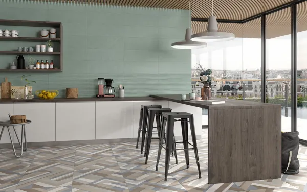 Cocina con azulejos efecto cemento, colección Impulse de Colorker