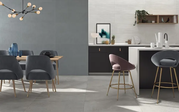 Cocina con azulejos efecto cemento en tonos neutros, colección Impulse de Colorker