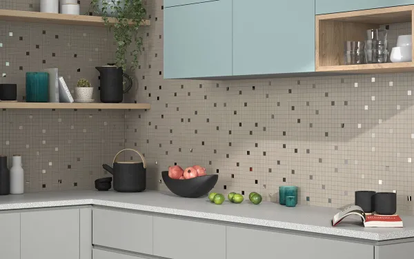 Cocina con azulejos efecto cemento en tonos neutros, colección Impulse de Colorker